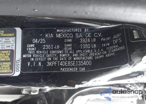 2025 Kia K4 Lxs z USA, uszkodzony, nr VIN 3KPFT4DE8SE135400